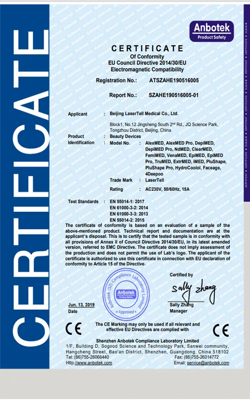 lasertell ce emc certification beauty devices alexmed depimed plushape