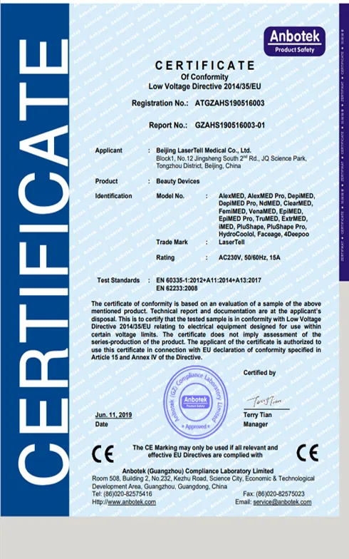 lasertell ce lvd certification beauty devices alexmed depimed plushape