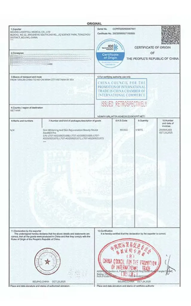 lasertell certificate of origin co vietnam beauty device export