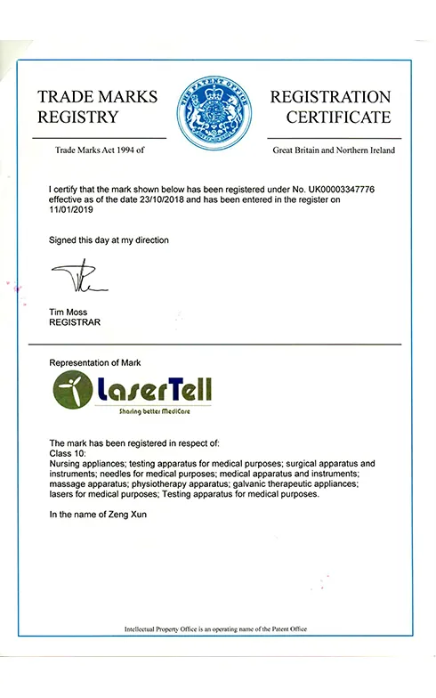 lasertell uk trademark registration certificate class 10 medical lasers