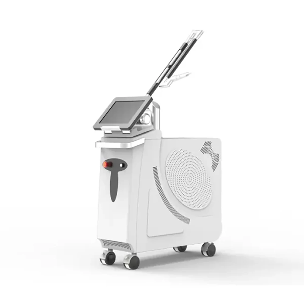 Multi-wavelength picosecond laser machine with articulated arm for tattoo removal and skin rejuvenation in clinics.