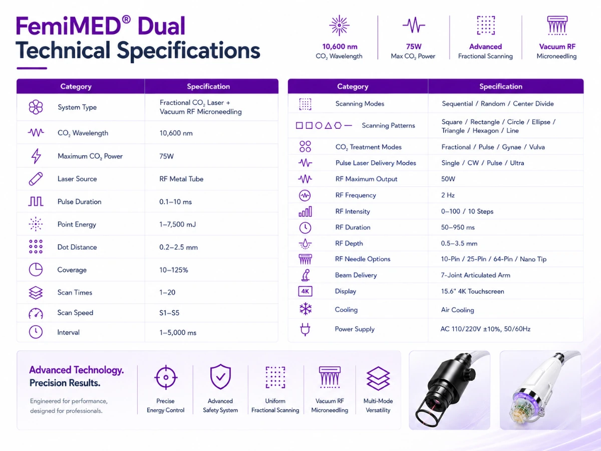 femimed® dual — 75w fractional co₂ laser & vacuum rf microneedling system