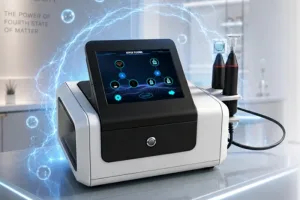 A professional 3-in-1 plasma skin care machine positioned in the center with a digital screen and two treatment handpieces on the right side banner