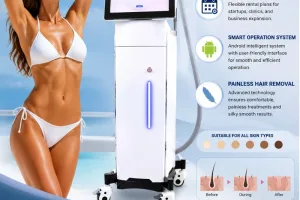 Professional LaserTell 4-wavelength diode machine for painless laser hair removal, featuring an Android smart system, 755+808+940+1064nm wavelengths, and remote diagnostics for salon use banner