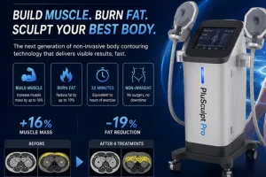 PluSculpt Pro HI-EMT machine for emsculpt body sculpting with 16% muscle gain and 19% fat loss banner
