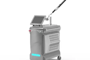 Side view of a professional Pico Laser tattoo removal machine featuring an articulated arm and 1064/532/755nm wavelengths for skin treatment.